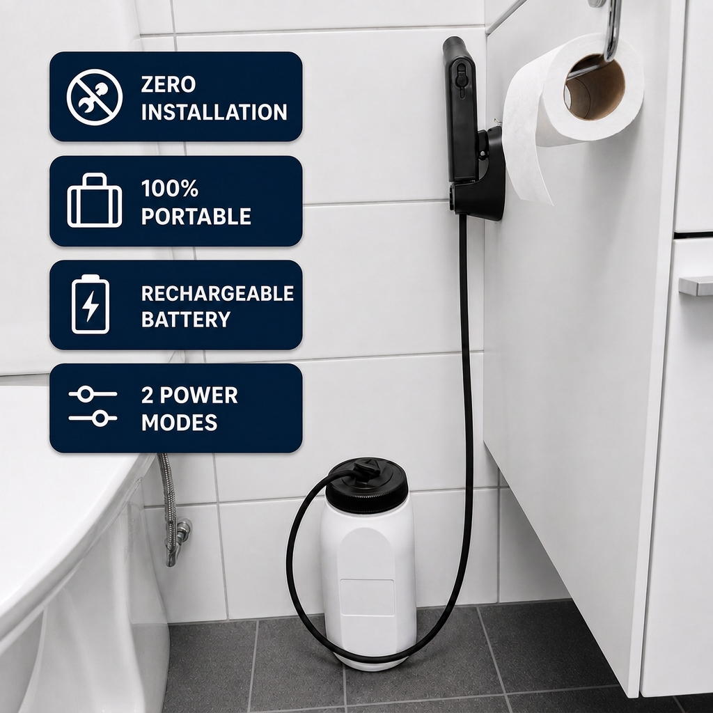 Nirovale Rinse mounted beside a toilet, tank on the floor