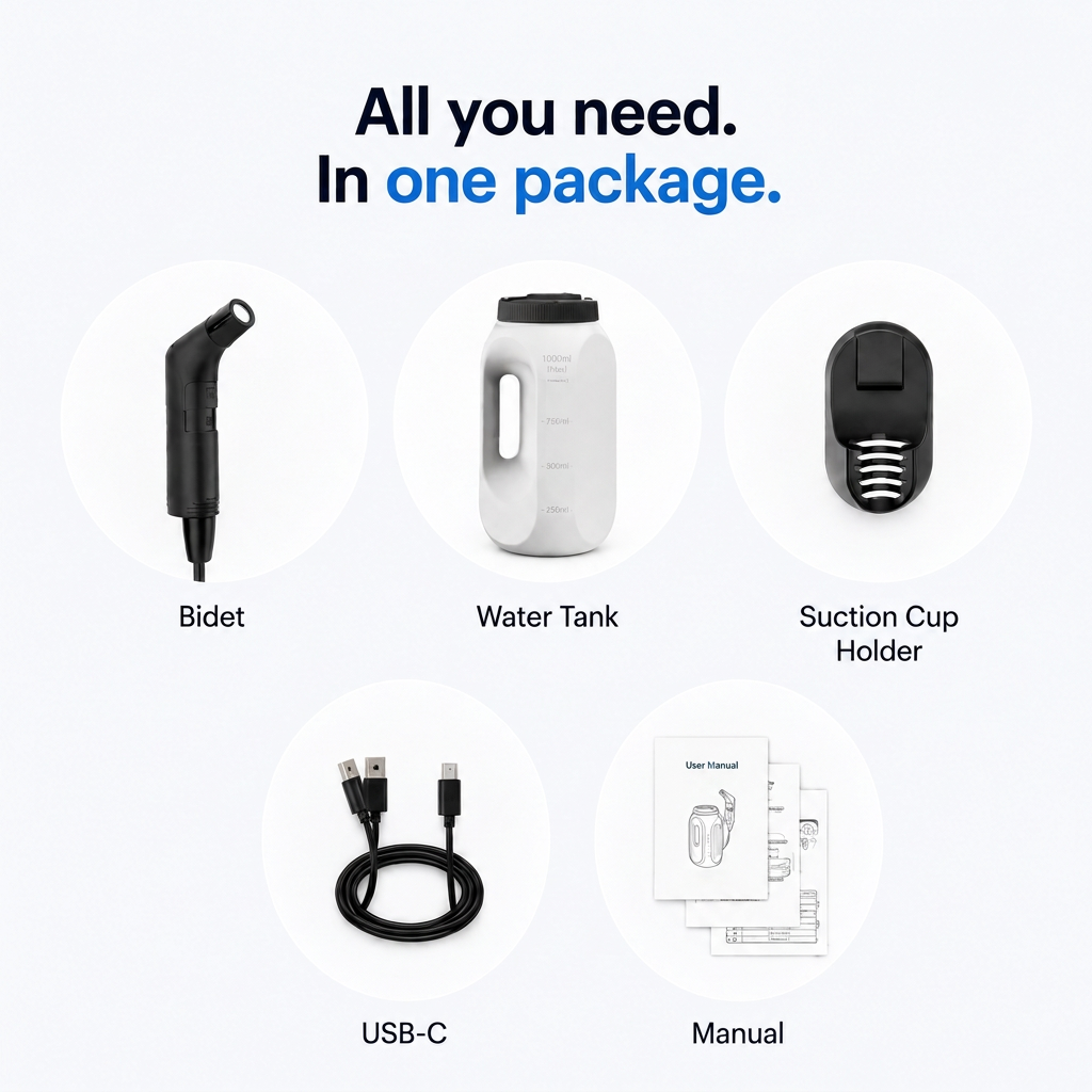 Wand, water tank, suction cup holder, USB-C cable and manual